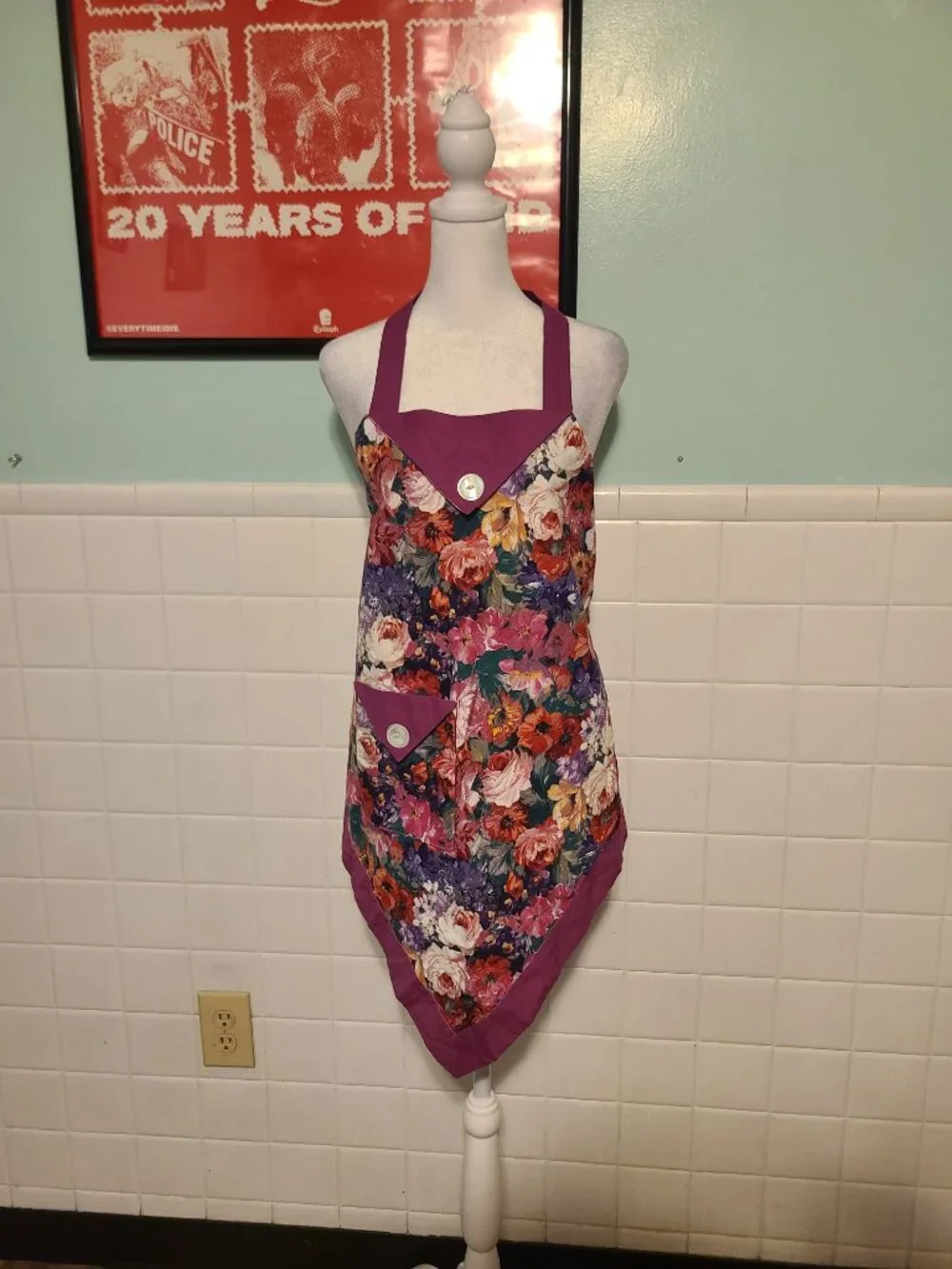 Vintage Handmade Colorful Purple Button Floral Apron Artist Baking Cottagecore
